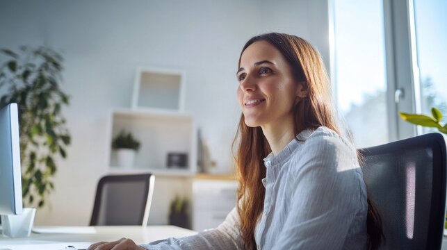 Woman with visual impairment using braille display bright room  copy space