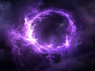Naklejka premium swirling neon purple vortex portal with crackling energy tendrils and ethereal mist, suspended in dark void, photorealistic render with volumetric lighting