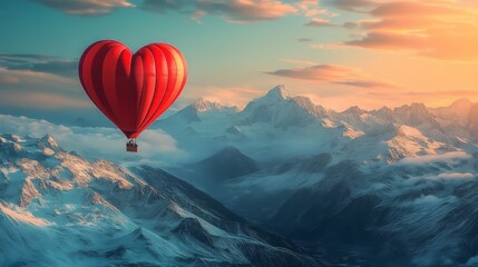 Fototapeta premium A whimsical red heart balloon floating above snow-covered peaks, symbolizing love and adventure. Great for Valentine's Day cards, travel, and romance themes.