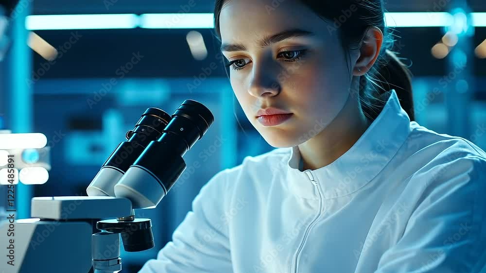 Poster a young scientist examines samples with a microscope in a cutting-edge lab environment.