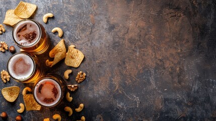 Lager beer and snacks displayed on a stone table, featuring nuts and chips with space for text
