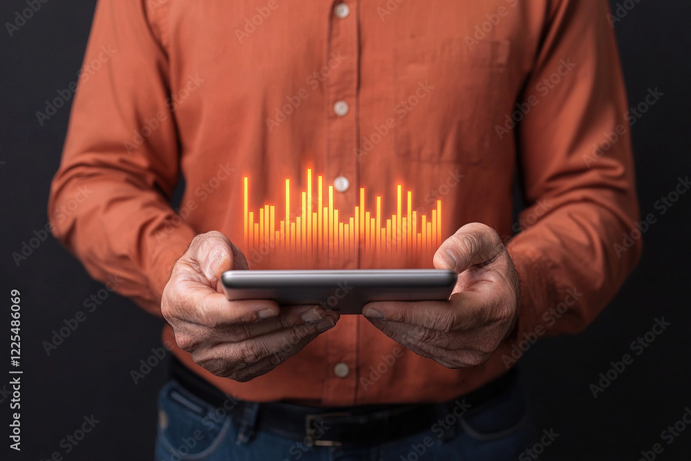 Poster person in orange shirt holds tablet displaying glowing charts, symbolizing data analysis and technol