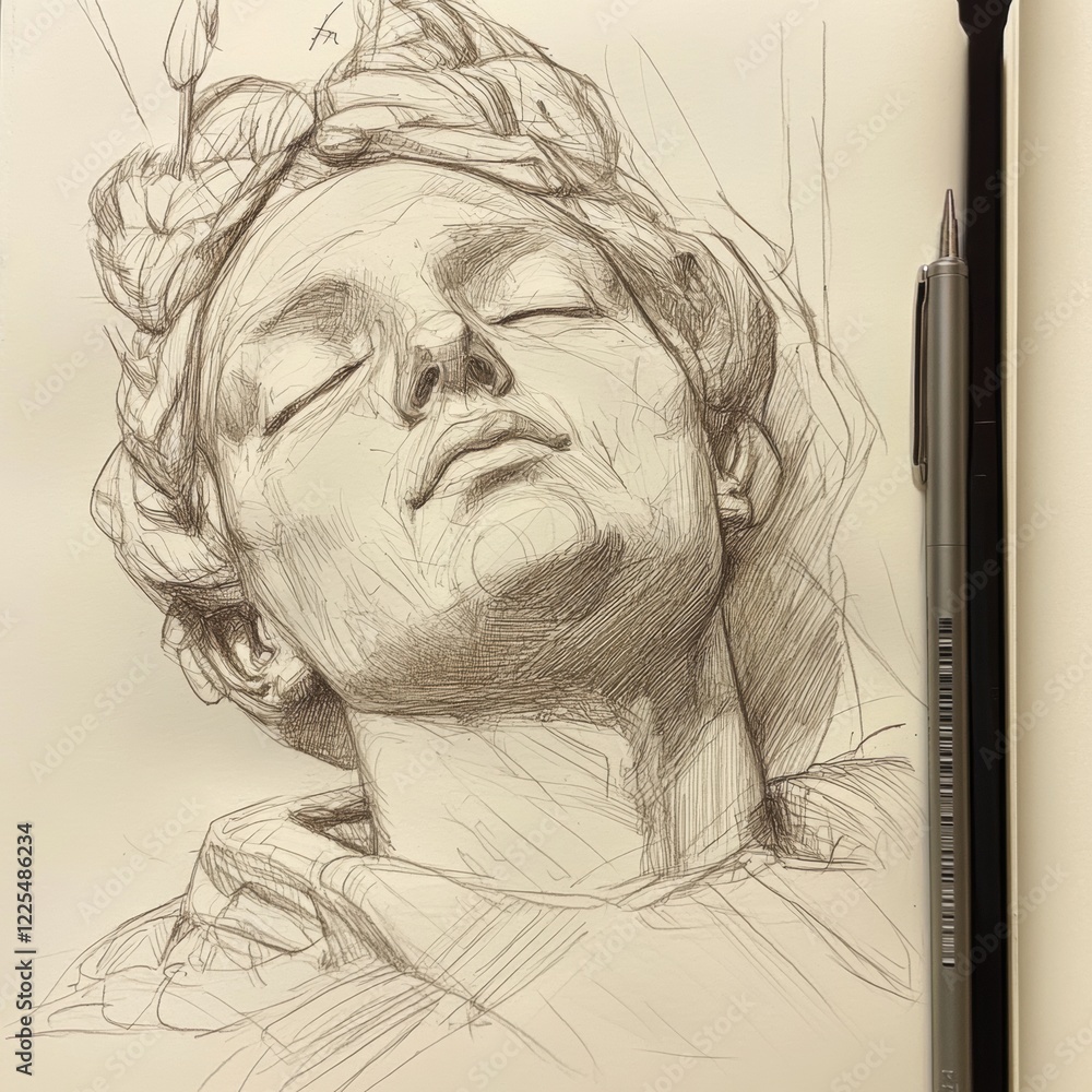 Poster sketch of a serene figure with a floral crown resting against a simple backdrop in a quiet artistic 