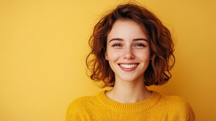 Fototapeta premium Person smiling warmly bright background clean layout copy space