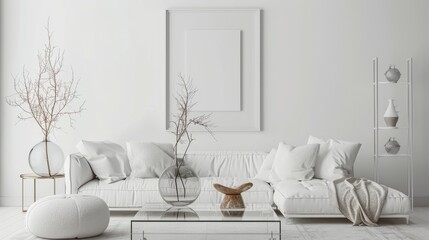 Living room interior design with mock-up poster frame, white sofa, modern pouf, glass coffee table, vase with branch, chic rack, and silver accessories. Home decoration template.