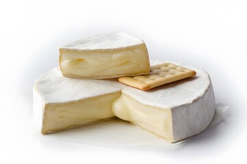 Pile of cheese including wedges of brie cheese and crackers on a wooden board isolated on a white background