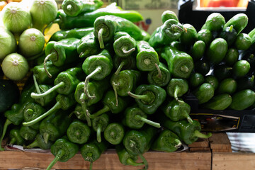 farmer's market display featuring fresh cucumbers, green bell peppers, and zucchinis. The produce is arranged neatly, highlighting their freshness and promoting a healthy lifestyle