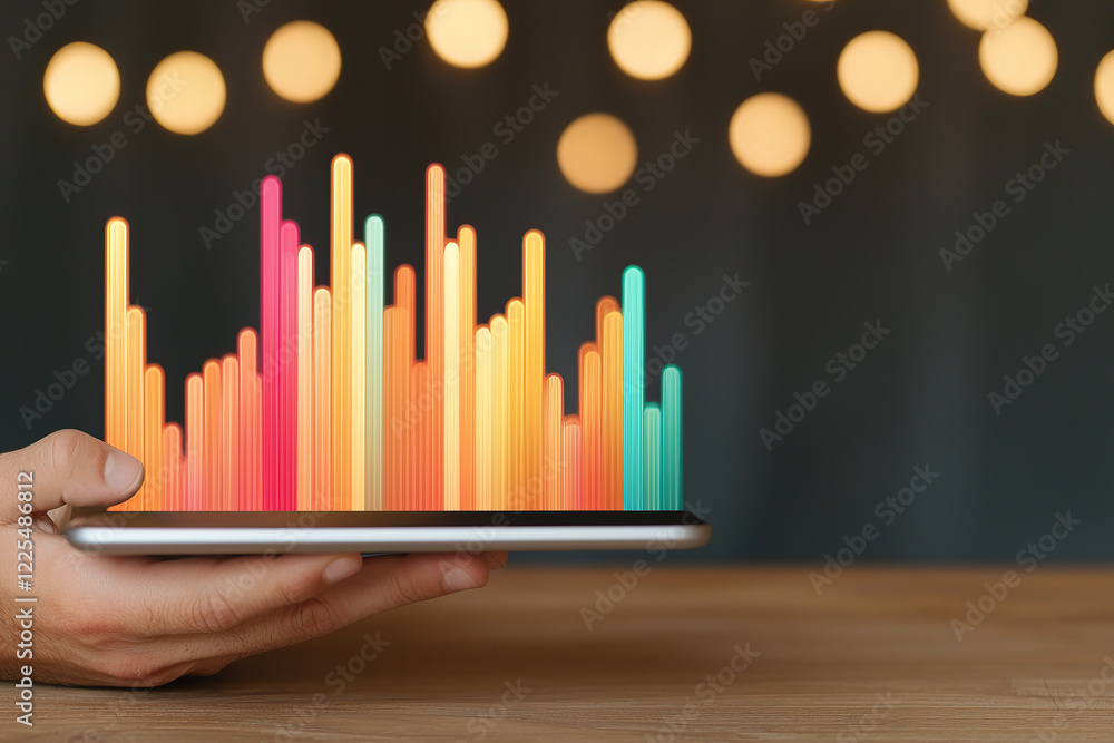 Aufkleber person holds tablet displaying vibrant, glowing bar graphs, symbolizing data analysis and digital ma