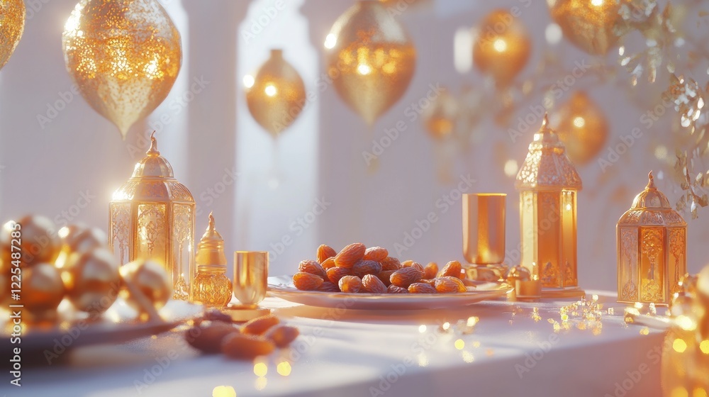 Poster golden ramadan table setting with dates and lanterns