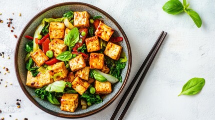 Plate of tofu stir-fry bright background  clean layout copy space