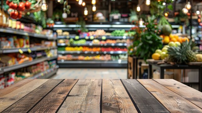 Menu displayed on wooden table in front of supermarket view