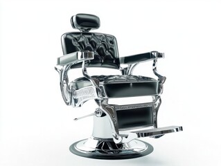 vintage-inspired chrome and leather barber chair with intricate details, floating dramatically against pure white background, highlighting classic design elements and professional craftsmanship
