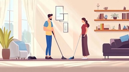 Couple Cleaning Home Together in Modern Interior Setting