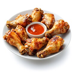 Plate of golden crispy chicken wings served with a side of dipping sauce on a wooden table isolated on a white background