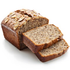 Loaf of banana bread with sliced pieces on a wooden cutting board and white background