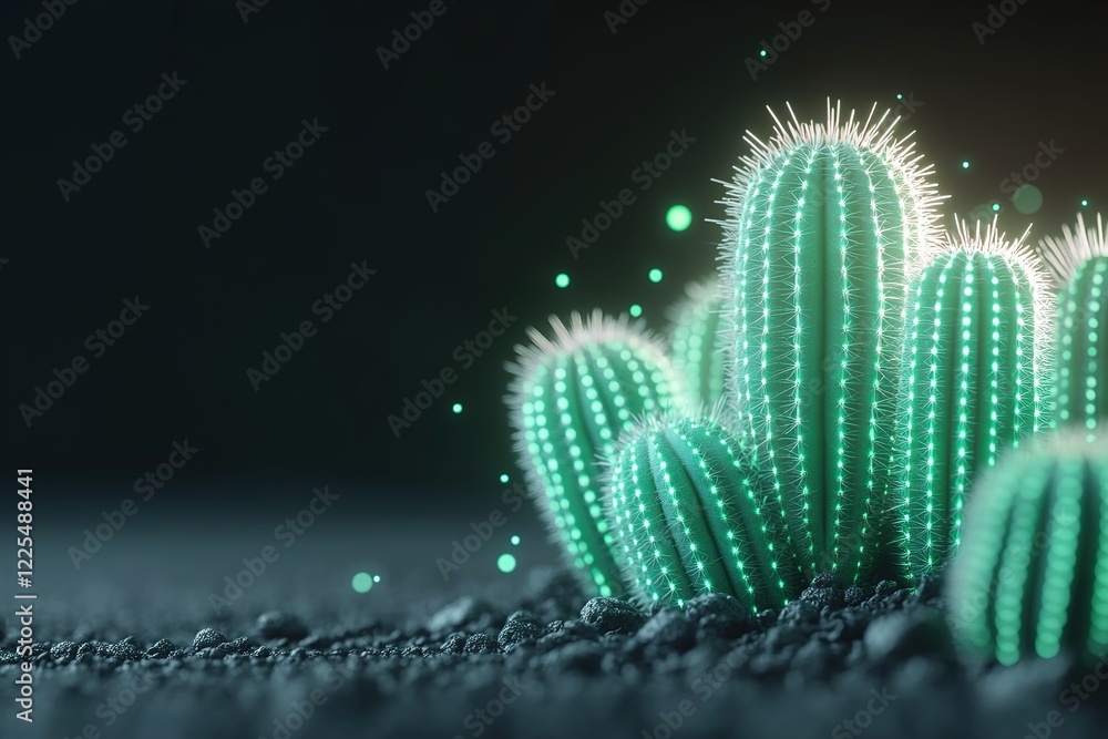 Poster cacti emit a captivating glow against a dark backdrop, creating a mystical atmosphere. their unique 