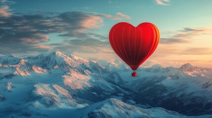 Fototapeta premium A whimsical red heart balloon floating above snow-covered peaks, symbolizing love and adventure. Great for Valentine's Day cards, travel, and romance themes.