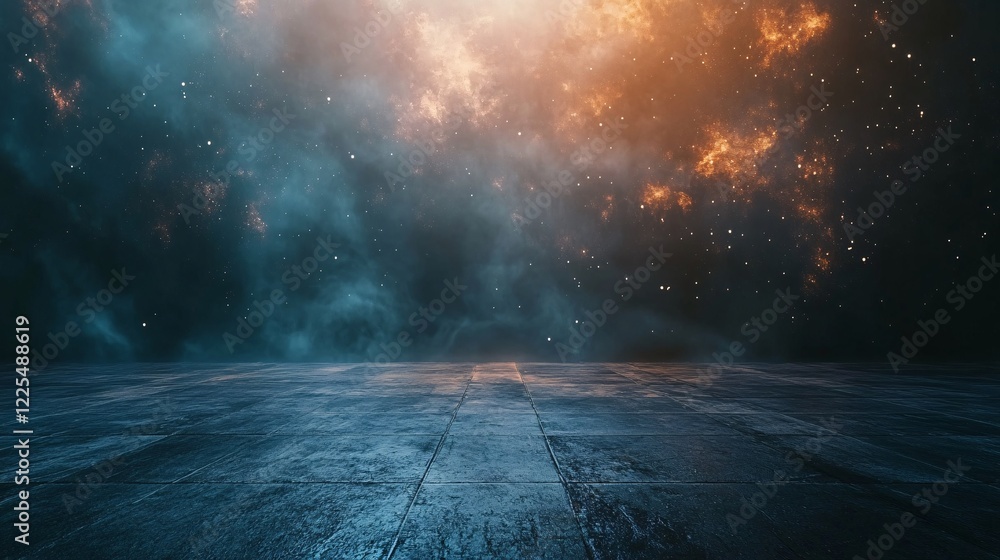 Poster empty concrete floor with orange and blue nebula in the background