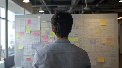 Man Reviews Project Plan On Whiteboard With Notes