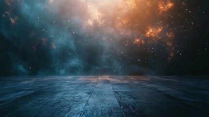 Empty concrete floor with orange and blue nebula in the background