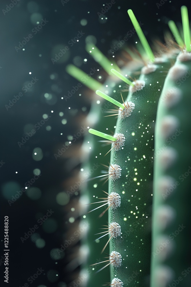 Poster glowing cacti illuminated by an enchanting light create a captivating display against a dark backgro