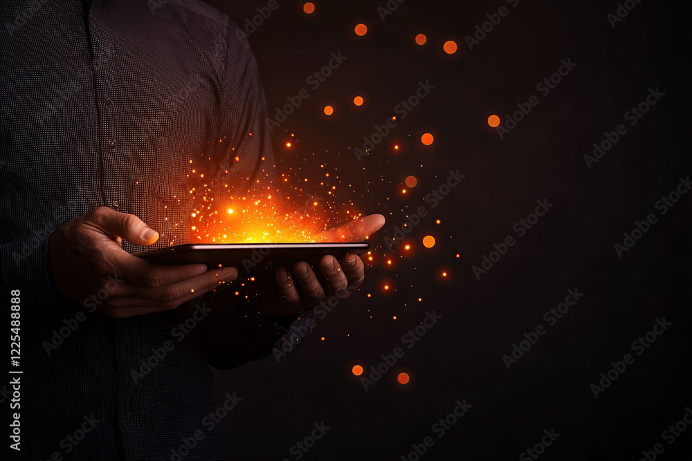 Aufkleber person holds glowing tablet displaying vibrant, futuristic digital elements, creating sense of innov