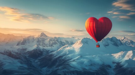 Fototapeta premium A whimsical red heart balloon floating above snow-covered peaks, symbolizing love and adventure. Great for Valentine's Day cards, travel, and romance themes.