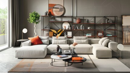 Modern living room with stylish sofa and shelving unit in unique decor