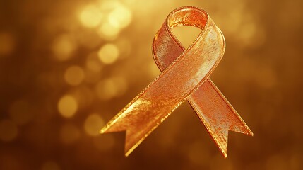 Ribbon Victory Medal A 3D medal in the shape of a cancer ribbon, glowing with light, set against a flat 2D golden background, symbolizing triumph and perseverance in the face of cancer