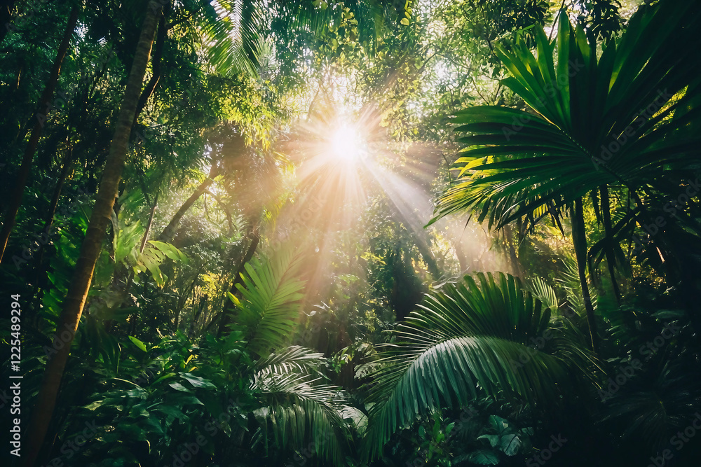 Poster a beautiful tropical island with palm trees surrounded by mountains generative ai image