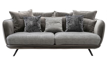 Fototapeta premium Modern style grey sofa with 4 pillows isolated on white background, includes Clipping path