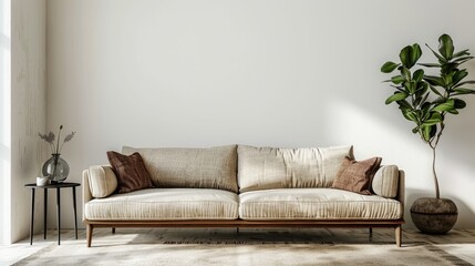 Modern-style Living Room with Fabric Sofa, Side Table, and Empty White Wall