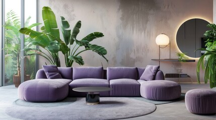 Modern room with cozy lilac sofa and table