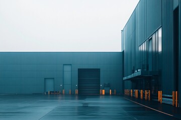 Obraz premium Urban landscape of a commercial warehouse under a gloomy sky with reflective wet surfaces