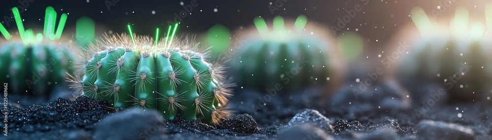 Poster a collection of cacti display an ethereal glow as soft light filters through in a serene desert at d