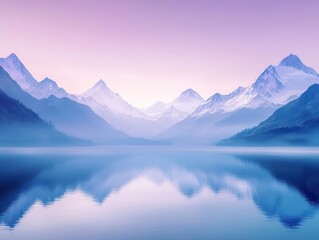 a serene mountain lake at twilight, ethereal mist floating over calm waters, surrounded by snow-capped peaks, soft purple and blue gradient sky, photorealistic style