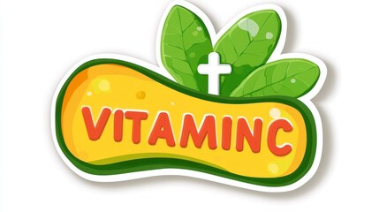 vector sticker of VITAMIN C with health cross and leaf on white background, simple vector graphic style, green red color