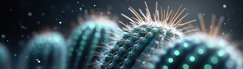 Obraz premium Cacti stand tall in a serene desert, bathed in soft glowing light, creating a mystical atmosphere. The night is filled with a sense of calm and beauty as tiny particles fall gracefully