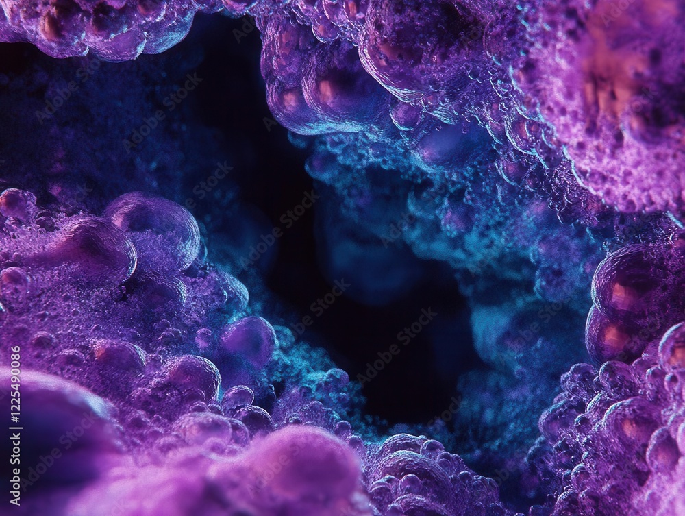 Poster abstract fluid art with deep purple transitioning to electric blue, organic shapes floating in black