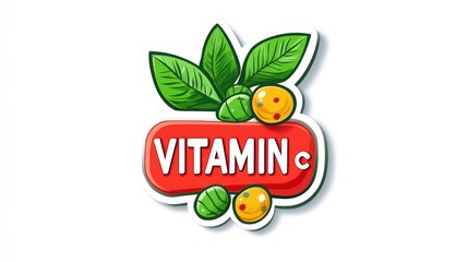 vector sticker of VITAMIN C with health cross and leaf on white background, simple vector graphic style, green red color