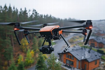 Smart drone patrols residential area for security and monitoring during overcast day