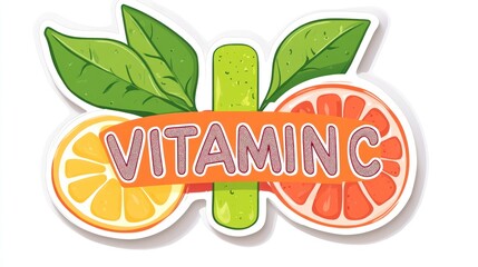 vector sticker of VITAMIN C with health cross and leaf on white background, simple vector graphic style, green red color
