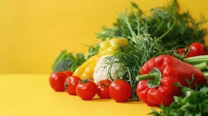 Photo of fresh vegetables on yellow background with empty space for product display