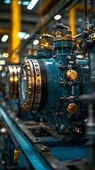 Obraz premium An industrial machine showcasing a blend of materials with intricate detailing, vivid color contrasts and exceptional craftsmanship, representing innovation and power in modern manufacturing.