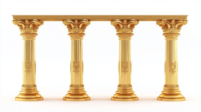 Antique gold pillars set. Ancient columns with golden decorative texture isolated on white background. Roman or greece facade decoration, luxury architecture elements, Realistic 3d vector illustration