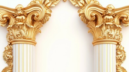 Antique gold pillars set. Ancient columns with golden decorative texture isolated on white background. Roman or greece facade decoration, luxury architecture elements, Realistic 3d vector illustration
