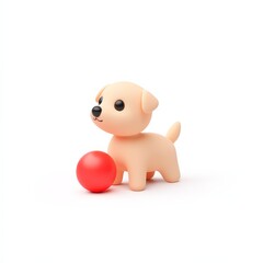 A cute, cartoonish puppy figurine stands next to a bright red ball, showcasing a playful and cheerful demeanor perfect for toys or decorations.