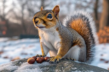 Fototapeta premium Squirrel foraging for acorns in the snowy winter landscape