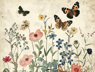 A detailed vintage botanical illustration featuring colorful wildflowers in red, orange, and pink with vibrant butterflies against a white background.