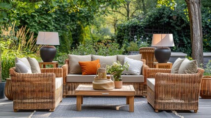 Rattan garden furniture set with lamps and table in the background photographed authentically.